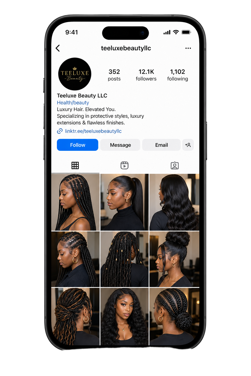 Preview of Tee Luxe Beauty's Instagram profile on an iPhone